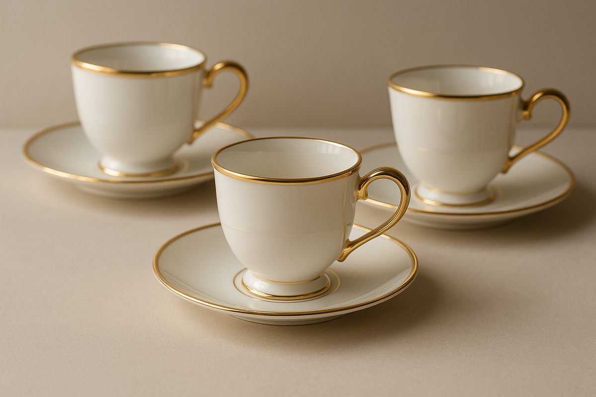 Conjunto 6 Xícaras Café Porcelana Dourada - Com Pires